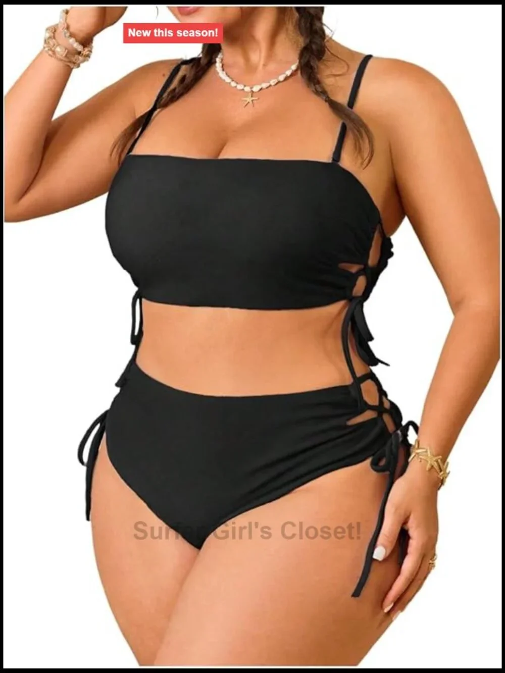 Plus Size High Waisted Bikini Set Spaghetti Strap Lace Up Swimwear Beachwear